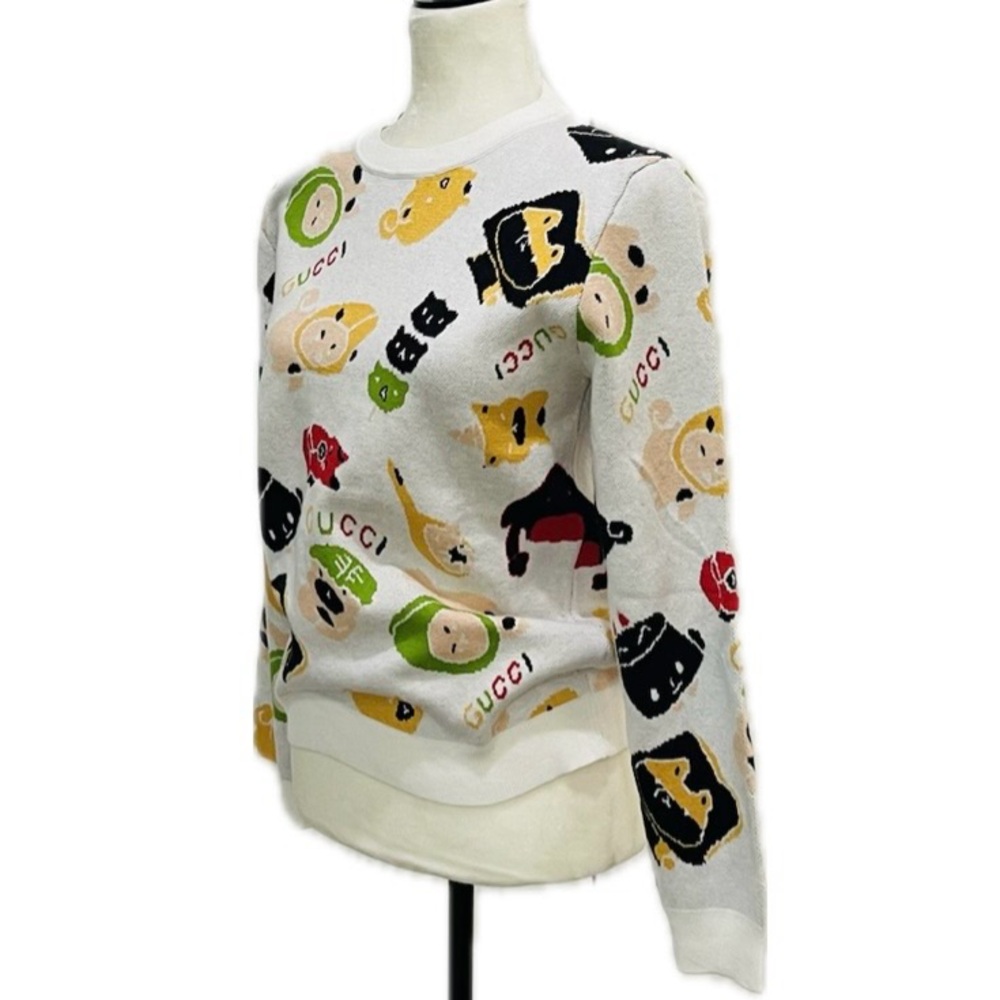 White Multicolor Novelty Crewneck Sweater Featuring Kitties and Piggies